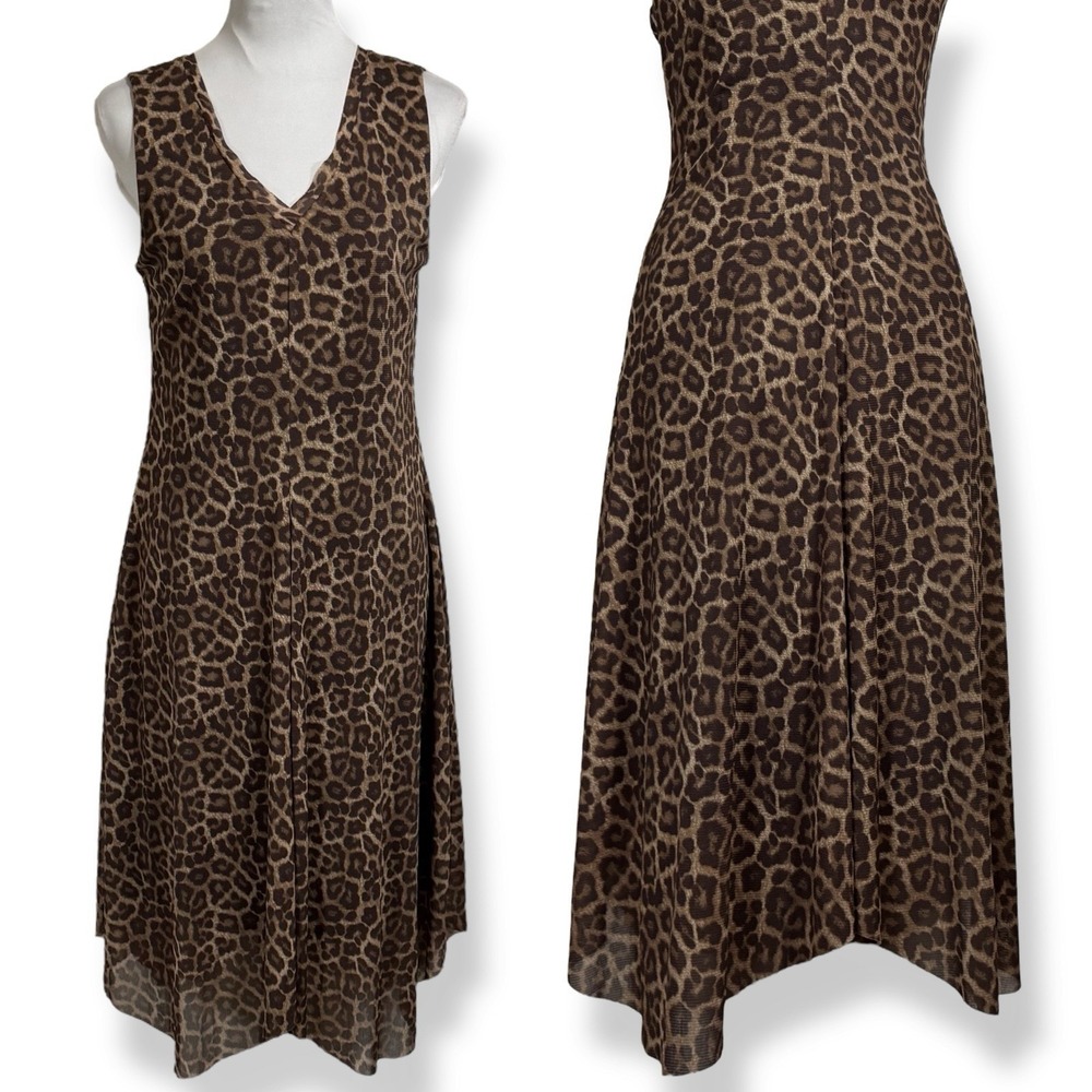 T Tahari Leopard Print Dress Size M V Neck Mesh Knit Sleeveless Flare Asymmetric - Picture 5 of 16